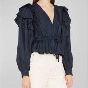 ULLA JOHNSON Indra Puff-sleeve Ruffle Drawcord Blouse In Midnight